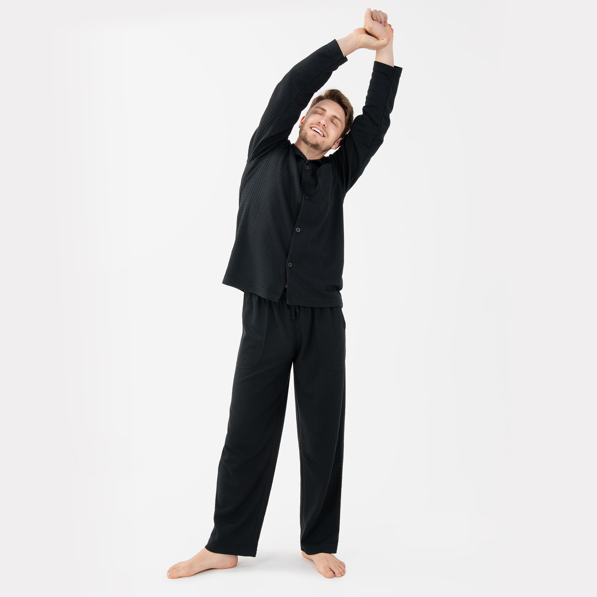 DAVID ARCHY Mens Pajamas Set Soft Cotton Notched Collar Pajamas for Men Long Sleeve Mens Sleepwear with Pockets & Front Fly