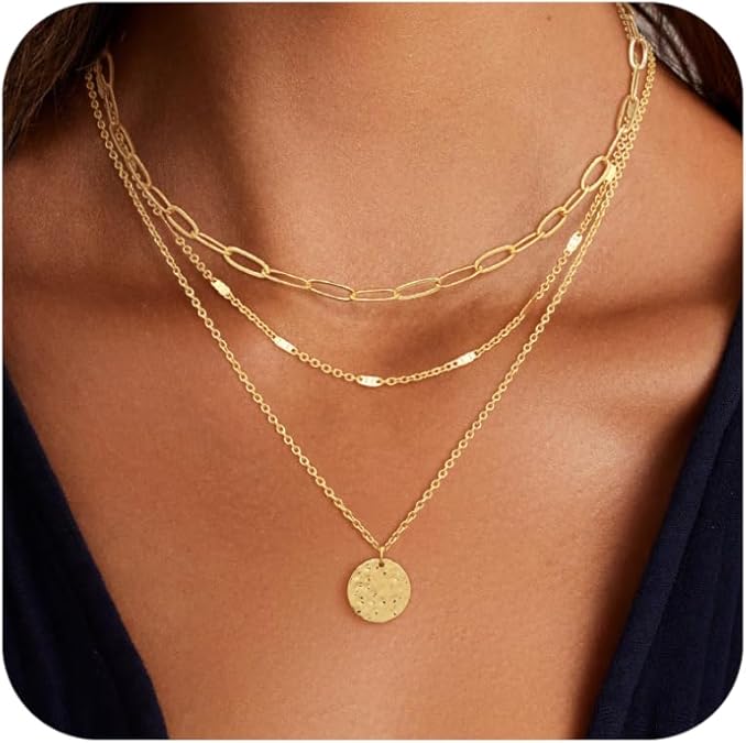 Layered Gold Necklace for Women, 14K Gold Plated Necklace Stack for Women, Dainty Adjustable Gold Necklace Set