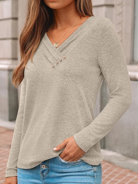 AUTOMET Womens Long Sleeve Tunic Top V Neck Button Shirts 2025 Dressy Casual Business Blouses