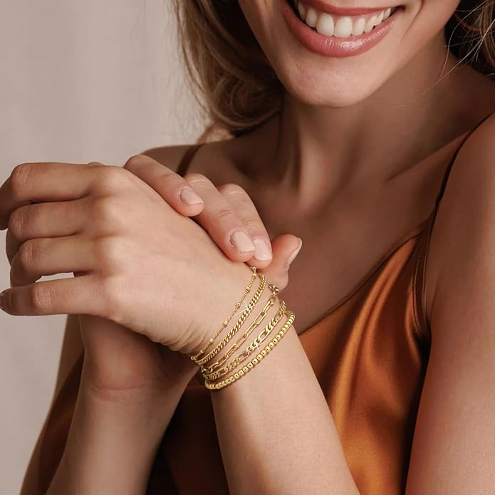 adoyi Gold Bracelets for Women, 14K Gold Plated Stackable Bracelet Stack Set
