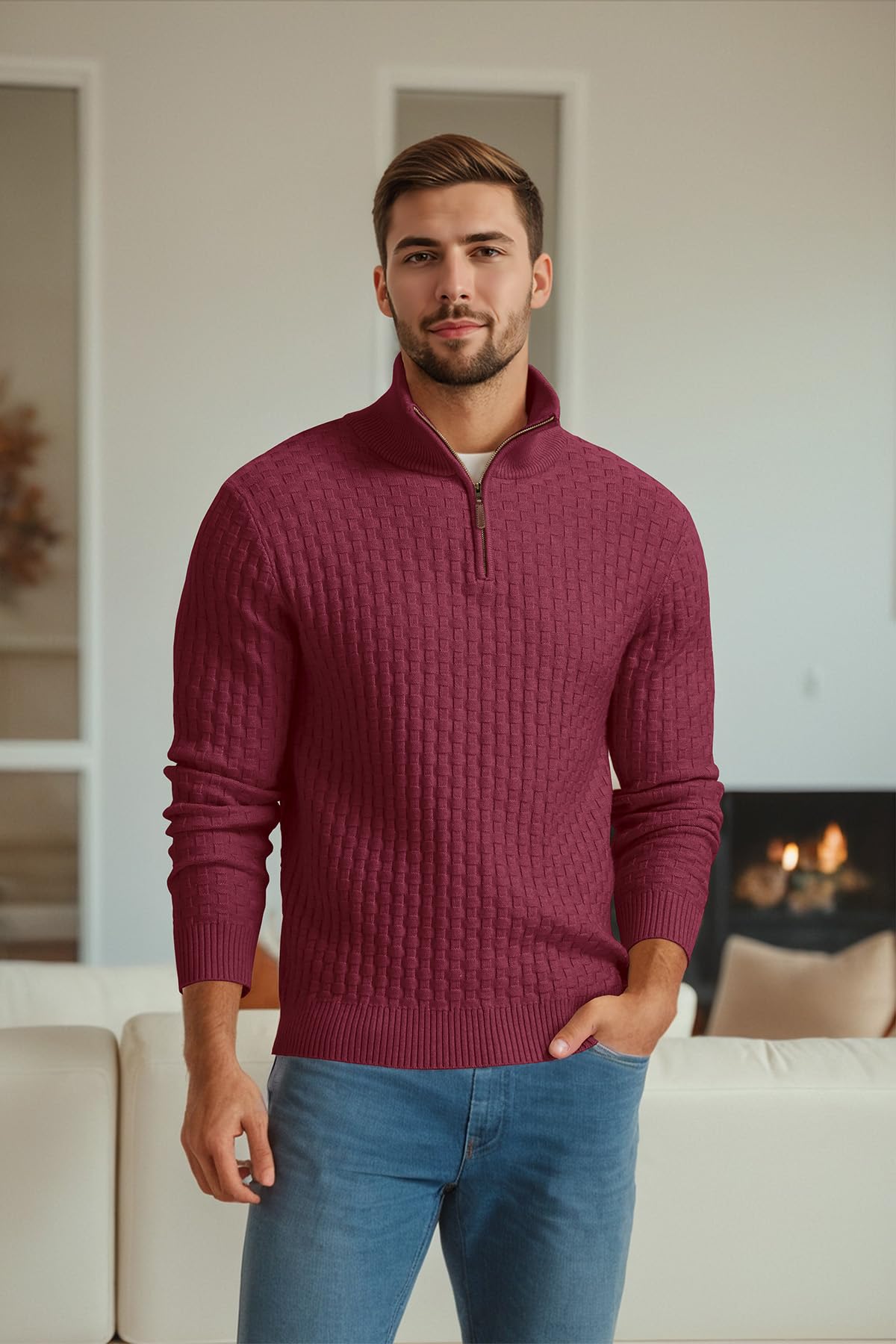 Askdeer Men's Quarter Zip Sweater Waffle Knit Sweater Mock Neck Polo Sweater Casual Pullover Sweater with Ribbing Edge