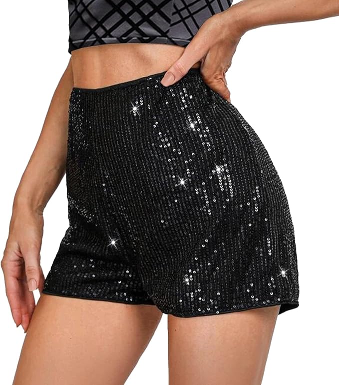Chloefairy Women's Summer Sequin Shorts High Waist Sparkly Glitter Straight Leg Shorts Concert Party Clubwear