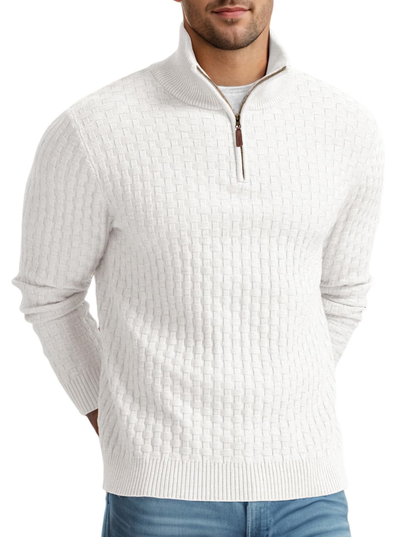 Askdeer Men's Quarter Zip Sweater Waffle Knit Sweater Mock Neck Polo Sweater Casual Pullover Sweater with Ribbing Edge