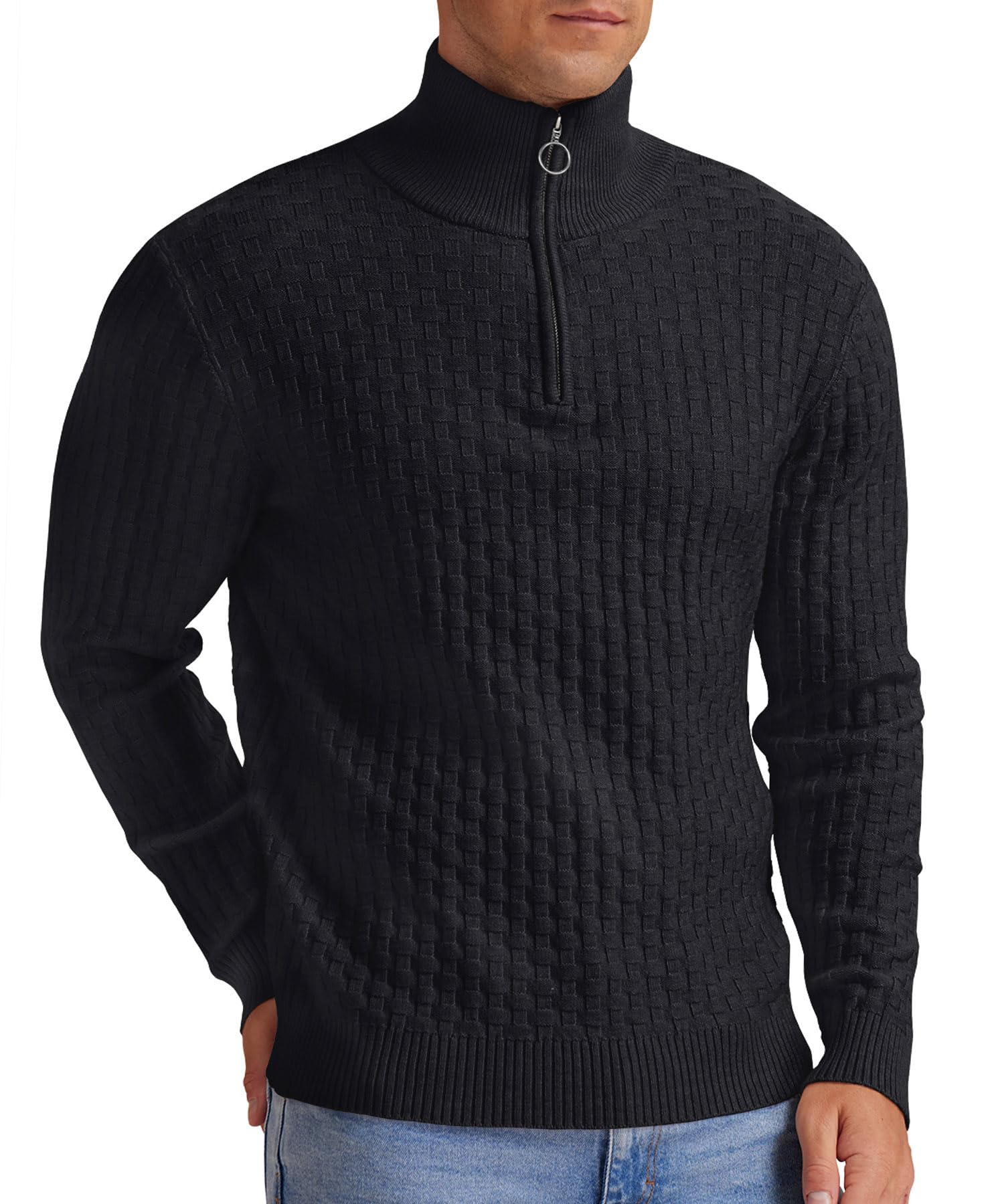 Askdeer Men's Quarter Zip Sweater Waffle Knit Sweater Mock Neck Polo Sweater Casual Pullover Sweater with Ribbing Edge