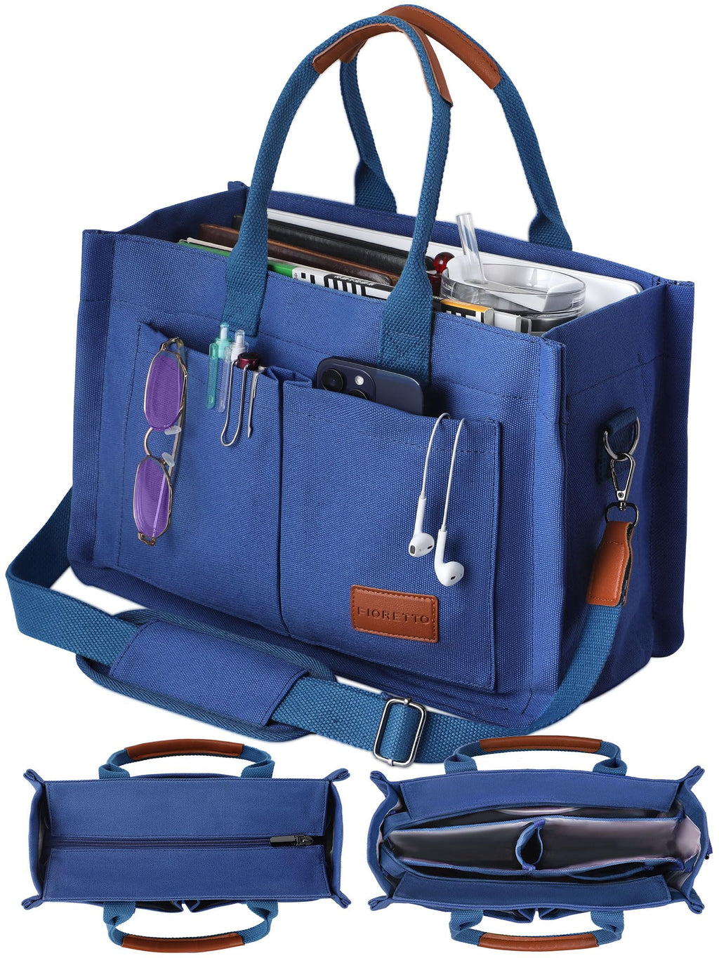 FIORETTO Canvas Tote Bag for Women with Zipper Closure & Individual Compartments for Work College for Teacher & Nurse