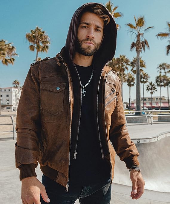 FLAVOR Men Brown Leather Motorcycle Jacket with Removable Hood