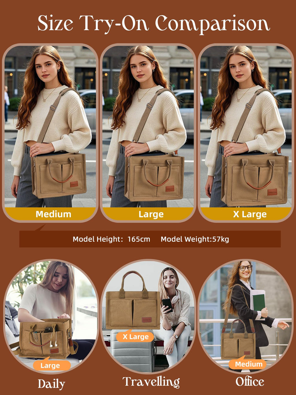FIORETTO Canvas Tote Bag for Women with Zipper Closure & Individual Compartments for Work College for Teacher & Nurse