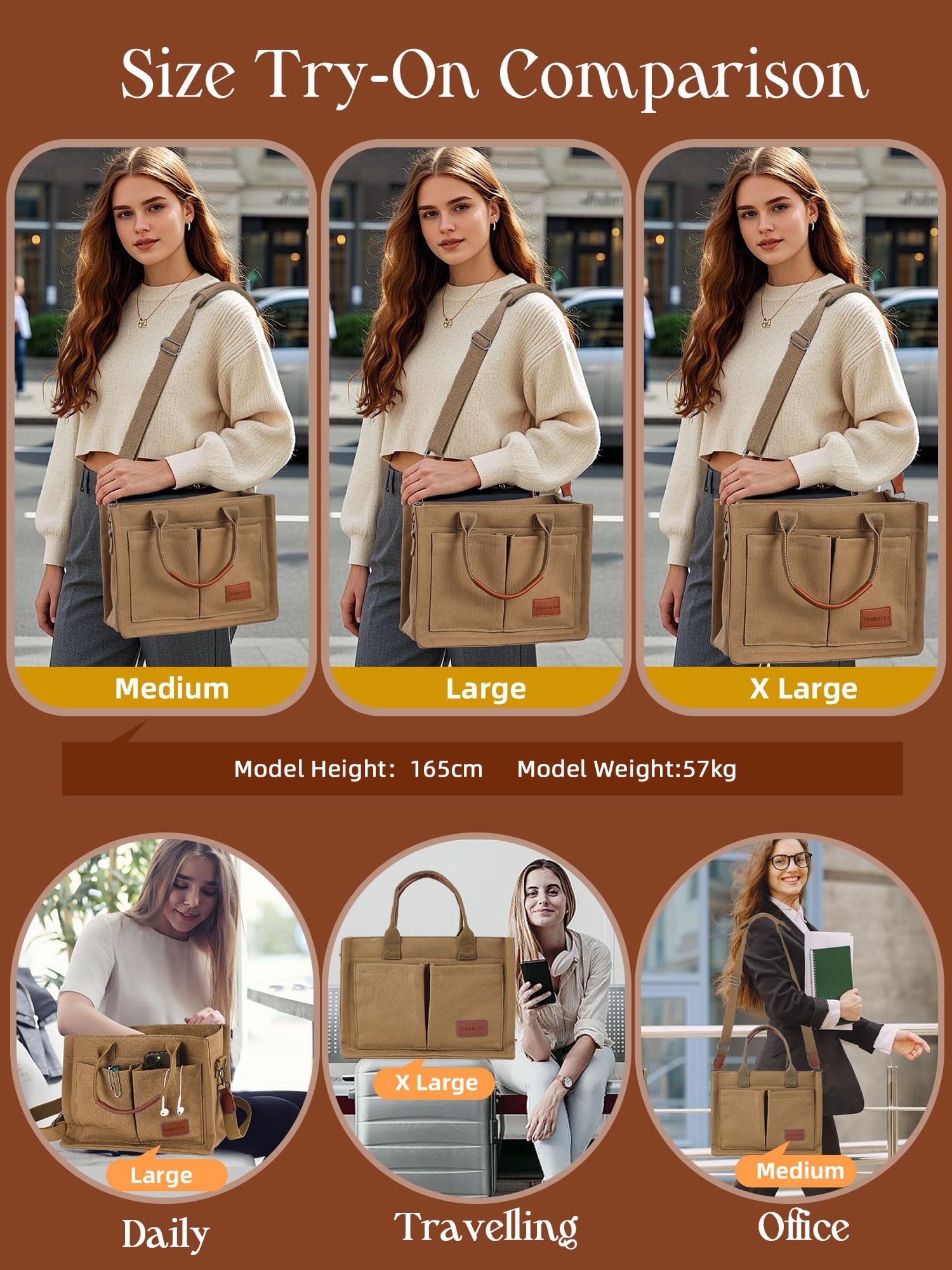 FIORETTO Canvas Tote Bag for Women with Zipper Closure & Individual Compartments for Work College for Teacher & Nurse
