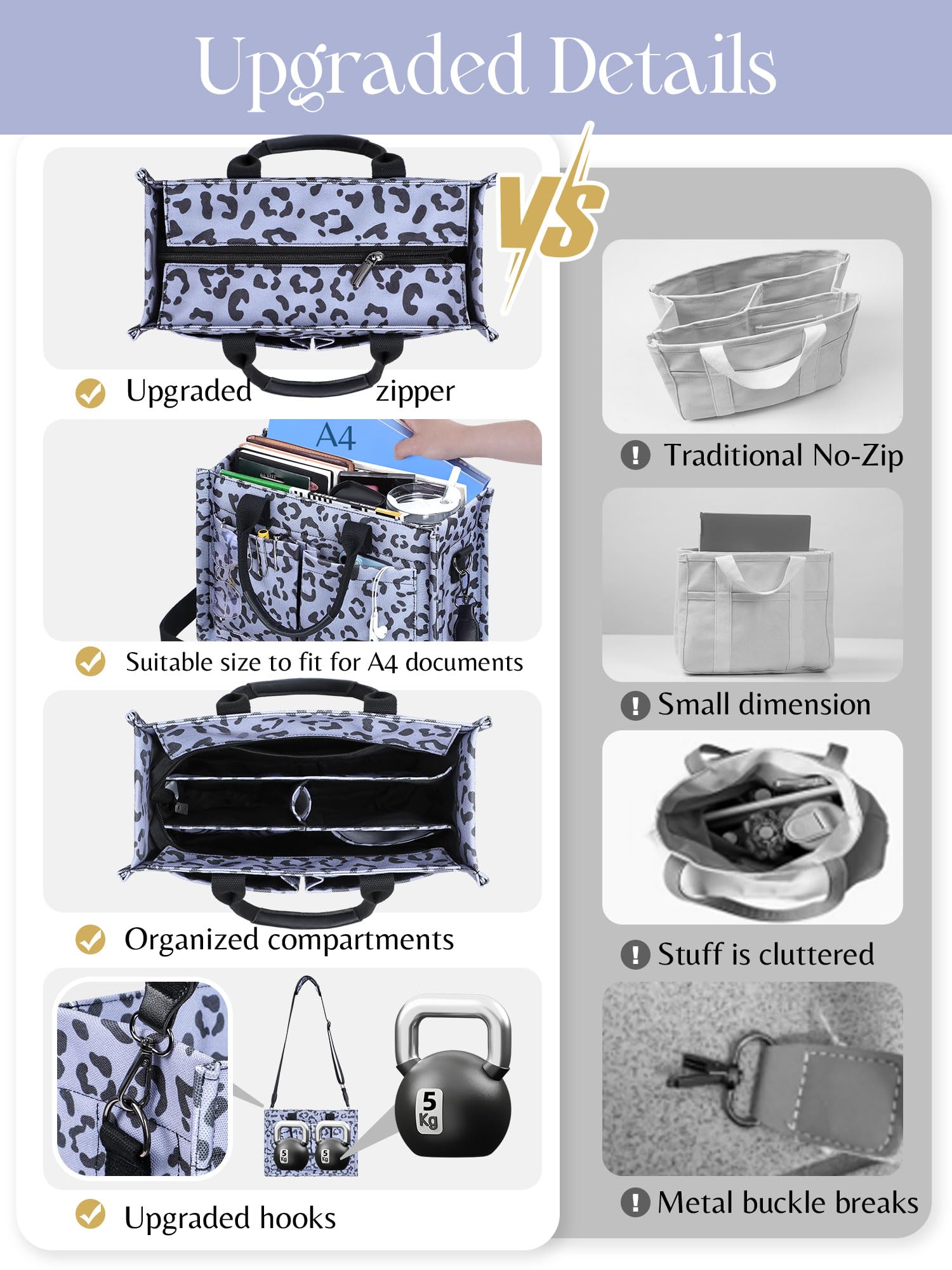 FIORETTO Canvas Tote Bag for Women with Zipper Closure & Individual Compartments for Work College for Teacher & Nurse