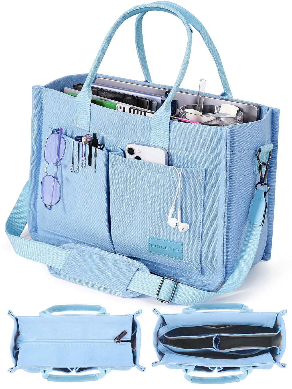 FIORETTO Canvas Tote Bag for Women with Zipper Closure & Individual Compartments for Work College for Teacher & Nurse