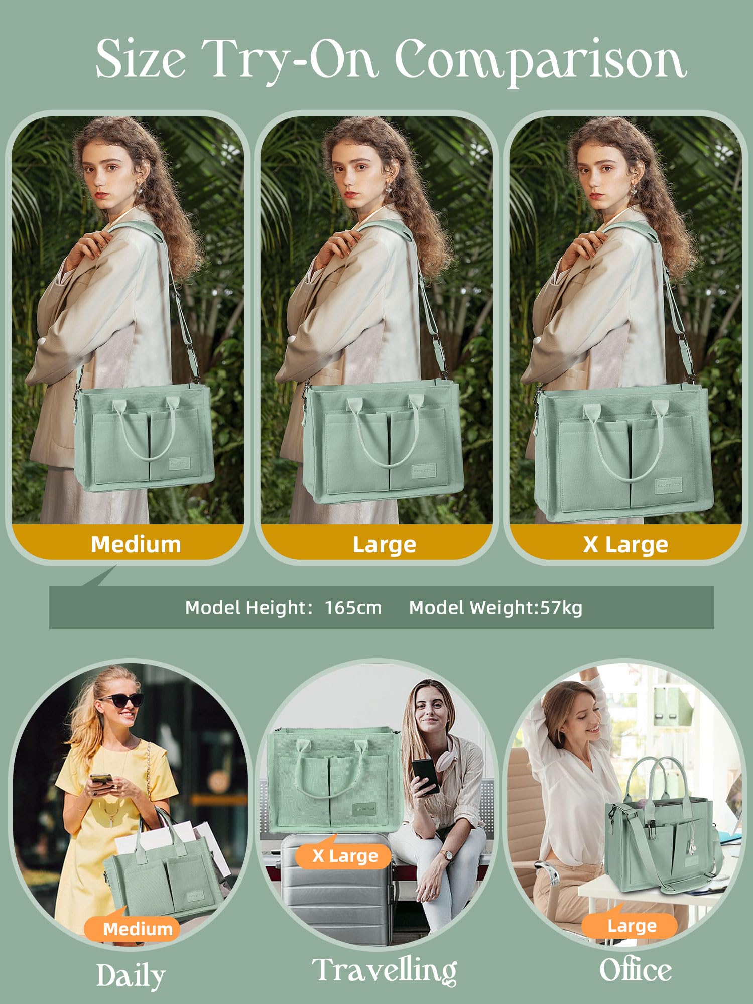 FIORETTO Canvas Tote Bag for Women with Zipper Closure & Individual Compartments for Work College for Teacher & Nurse
