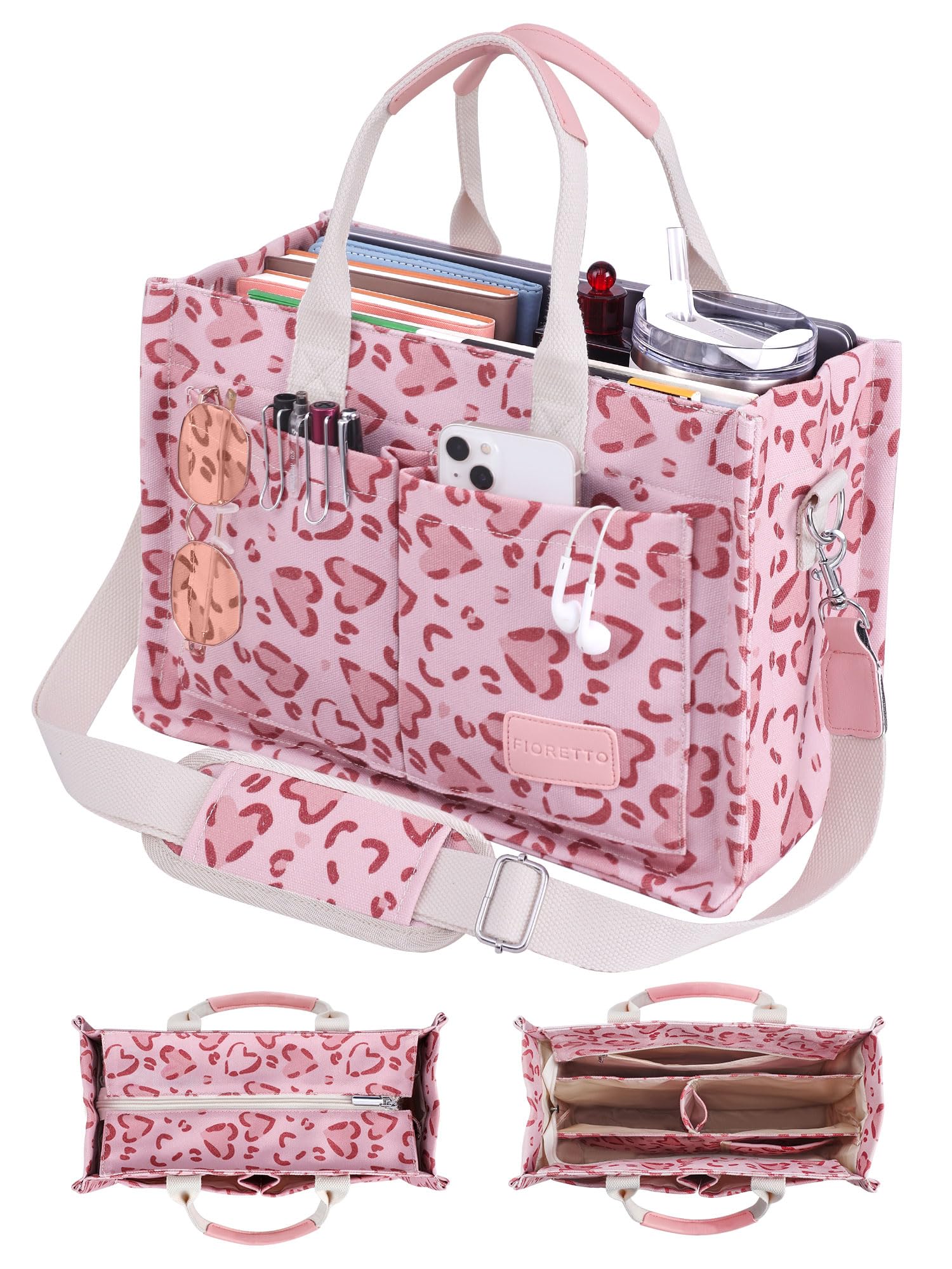 FIORETTO Canvas Tote Bag for Women with Zipper Closure & Individual Compartments for Work College for Teacher & Nurse