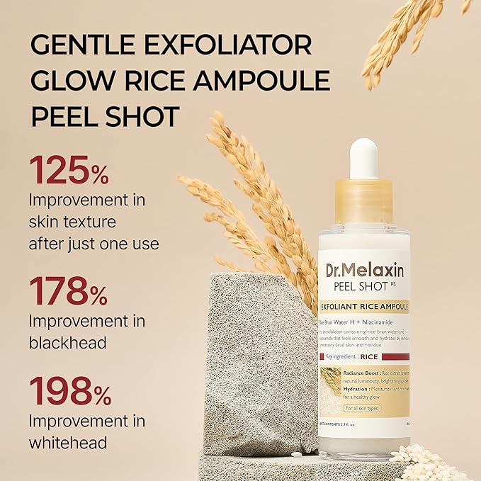 Dr.Melaxin Peel Shot Glow White Rice Peeling Ampoule, Soft Exfoliating Face and Body Scrub Dead Skin Cells Remover for All Skin Types korean skin care 80ml