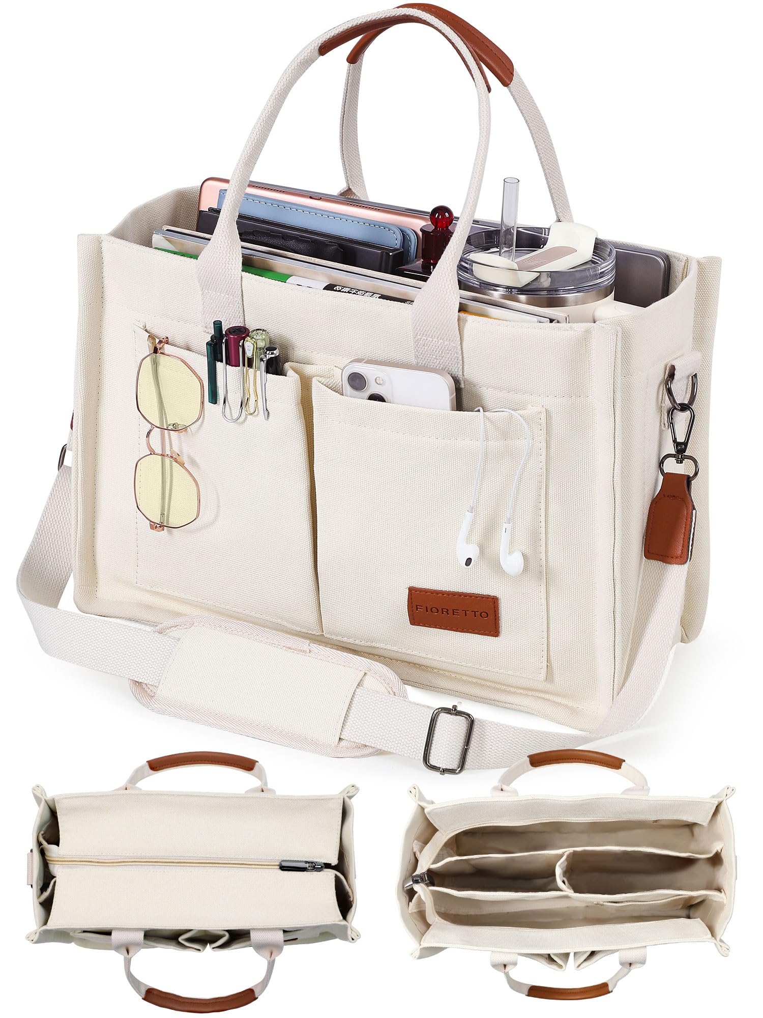 FIORETTO Canvas Tote Bag for Women with Zipper Closure & Individual Compartments for Work College for Teacher & Nurse