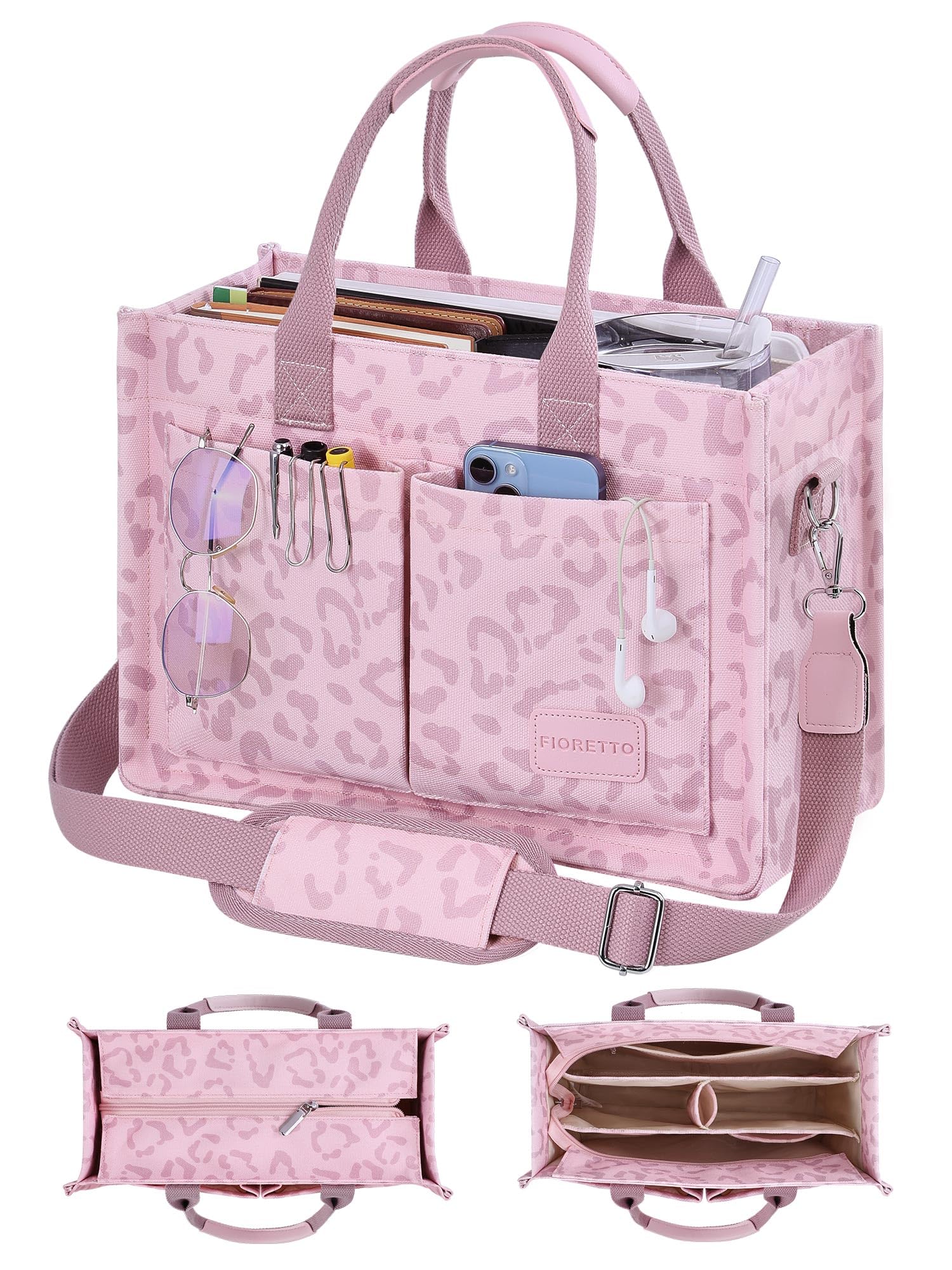 FIORETTO Canvas Tote Bag for Women with Zipper Closure & Individual Compartments for Work College for Teacher & Nurse