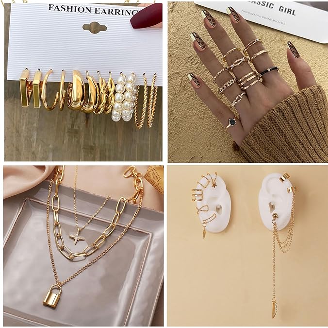 73 Pcs Gold Jewelry Set with 6Pcs Layered Necklace, 11 Pcs anklet and 7Pcs Earring Ear Cuff,12Hoop Earrings