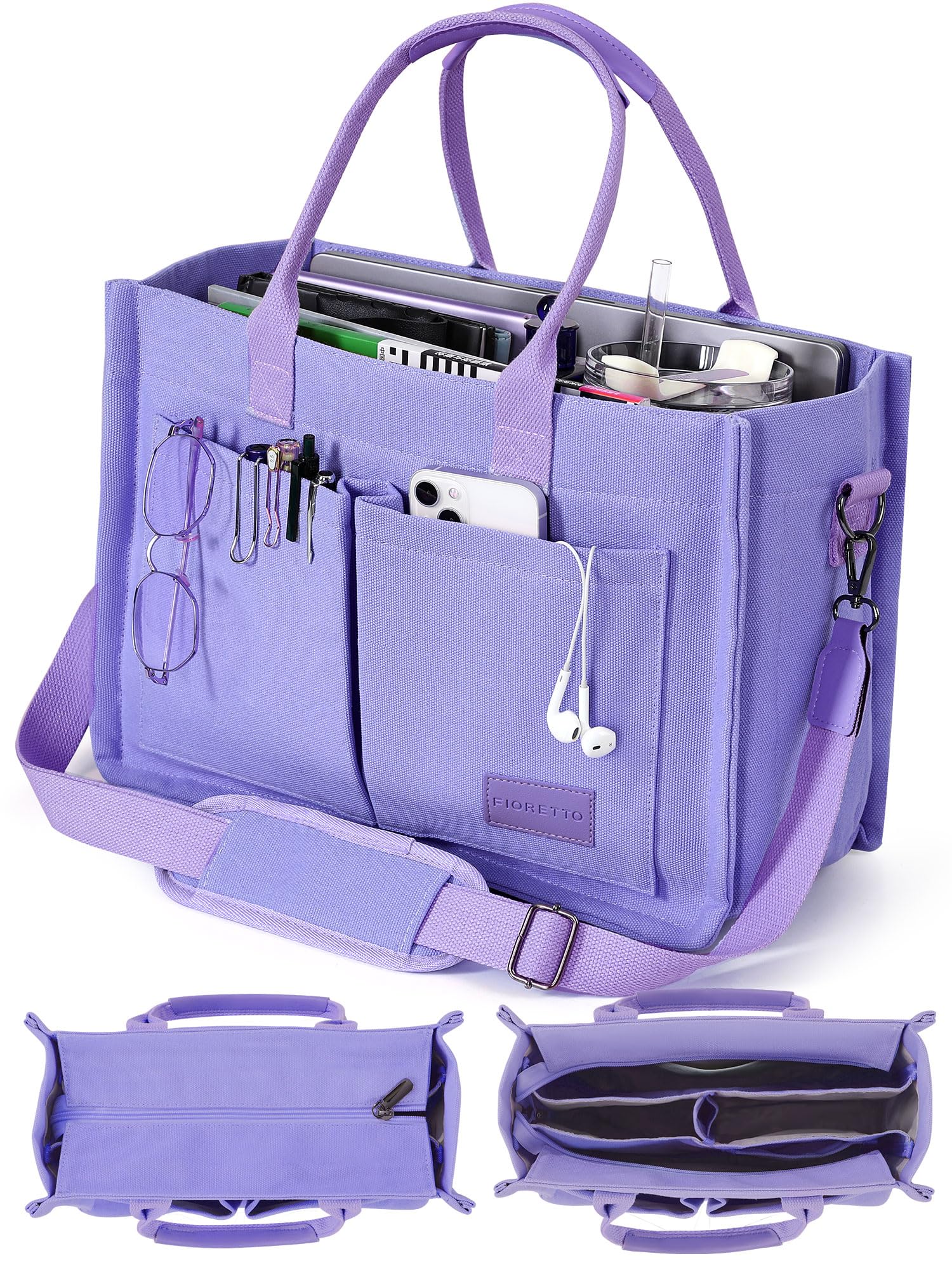 FIORETTO Canvas Tote Bag for Women with Zipper Closure & Individual Compartments for Work College for Teacher & Nurse